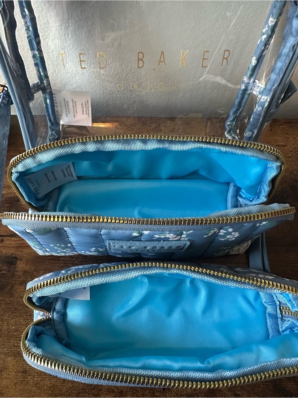 Ted Baker 3 Piece Blue Quilted Floral & Clear Cosmetic Bag Pouches NWT - Picture 4 of 8